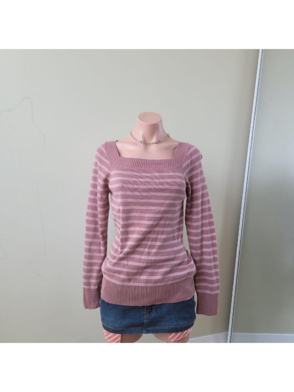 RW&amp;CO Dusty Pink Striped Square Neck Cotton Knit Long Sleeve (L)